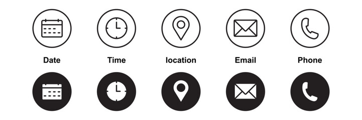 Phone, Email, Message, Envelope, Location, Pin, Map, Gps, Marker, Address, Time, Clock, Date, Calendar icon set. editable line icons. social media icons. vector