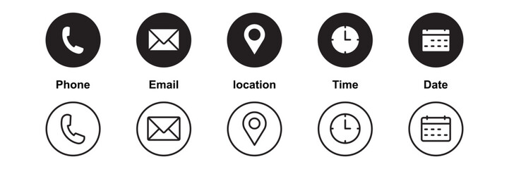 Phone, Email, Message, Envelope, Location, Pin, Map, Gps, Marker, Address, Time, Clock, Date, Calendar icon set. editable line icons. social media icons. vector