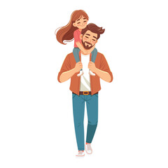 Happy father day. Smiling daughter sits on dad's shoulders and hugs him on white background. Poster, Banner, Flyer, Greeting Card. Vector illustration in flat cartoon style