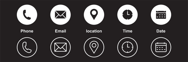 Phone, Email, Message, Envelope, Location, Pin, Map, Gps, Marker, Address, Time, Clock, Date, Calendar icon set. editable line icons. social media icons. vector