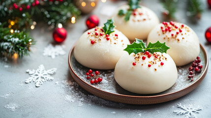Festive Christmas Bao Buns with Holly Decoration on Snowy Background - Traditional Asian Cuisine Meets Holiday Season