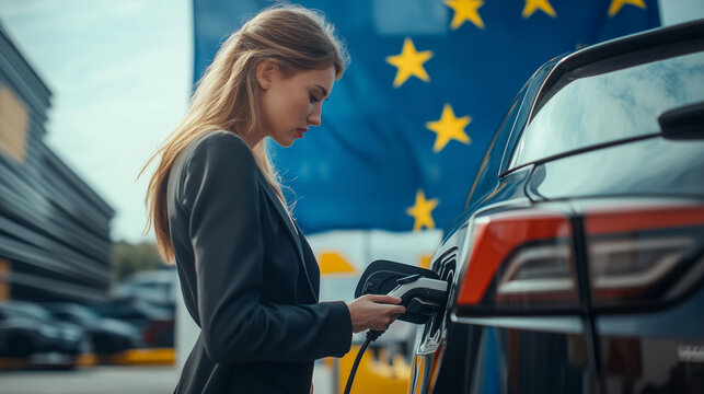 Businesswoman connecting charging cable to electric car in front of european union flag promoting sustainable transportation