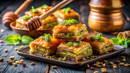 Indulge in the Sweetness of Traditional Arabic Dessert Baklava Drizzled with Honey, Showcasing Its Layered Flakiness and Nutty Filling in a Beautiful Selective Focus Composition