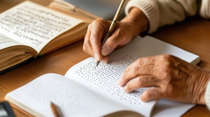 Elderly hands writing braille at home on wooden desk with books and educational tools,World Braille Day