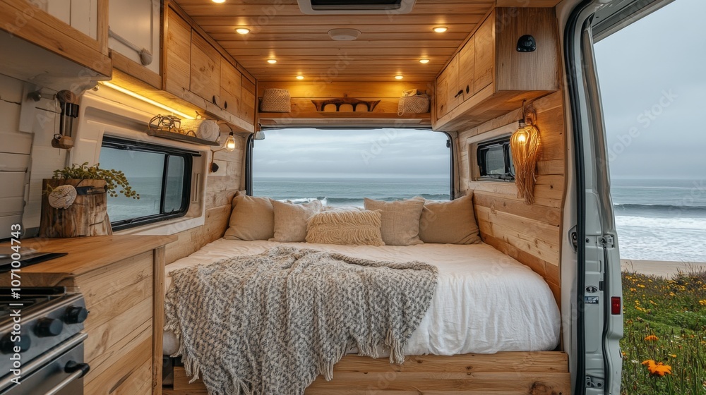 Aufkleber the warm wood interior of a camper van features a comfortable bed surrounded by soft cushions. large