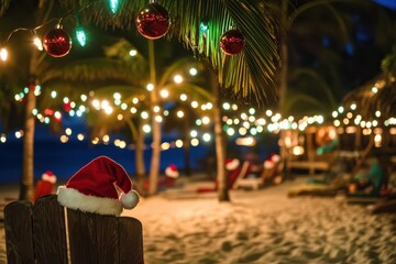 Christmas lights adorn a tropical island beach with palm trees