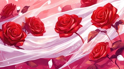 Vibrant Red Roses with Petals on a White Draped Background