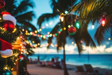 Tropical island Christmas lights on palm trees by the beach