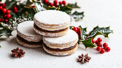 Traditional Alfajores Cookies with Powdered Sugar for Christmas Celebration, Festive Holiday Treats Background