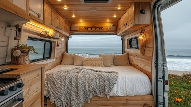 The warm wood interior of a camper van features a comfortable bed surrounded by soft cushions. Large windows showcase a serene beach view, inviting tranquility on a cloudy day.