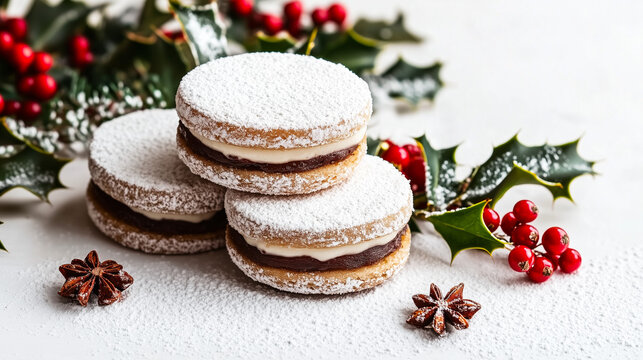 Traditional Alfajores Cookies with Powdered Sugar for Christmas Celebration, Festive Holiday Treats Background