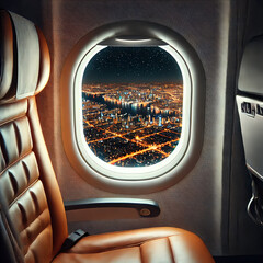 Aeroplane Window View of City Lights at Night 