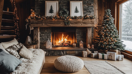 Cozy scandinavian chalet living room with a warm fireplace, festive christmas tree, and gifts...