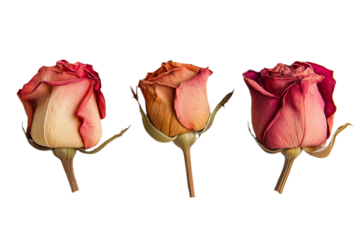 Dried rose with faded colors, showing texture and aging petals, isolated on white background. PNG transparent.
