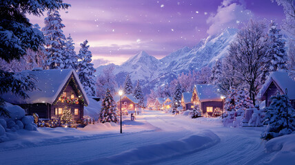 Fototapeta premium Snowy village at dusk, cozy houses with glowing lights, festive decorations, and snow-capped mountains in the background, with gentle snowfall under a purple sky.