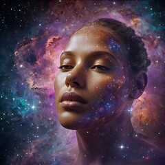 A floating, transparent human face filled with colorful