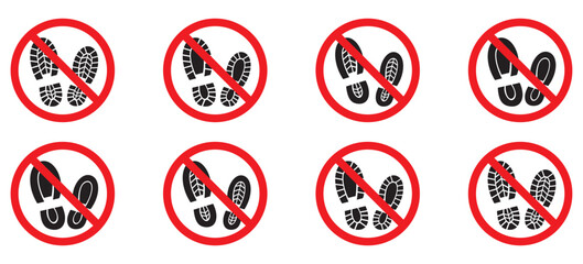 No foot slipper and shoes sign symbol. Sandal ban black silhouette icon set in red cross circle. Shoes ban sign. Do not walk in this area sign. No step here forbidden sign. Prohibited casual shoes.
