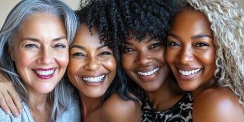 Fototapeta premium A vibrant group of four diverse women smiling together, celebrating beauty and confidence. Ideal for promoting empowerment, wellness, or community-focused campaigns.