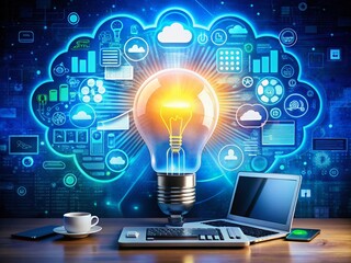 Innovative Technology Concept: A Light Bulb Surrounded by Computer Icons Representing Cloud Storage, Floppy Disk, and Keyboard, Capturing the Essence of Modern Digital Advancement