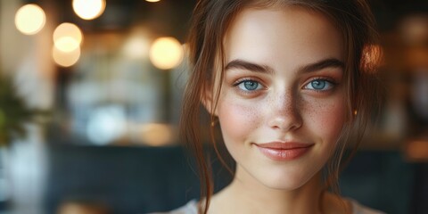 A captivating portrait of a young woman with striking blue eyes, exuding warmth and approachability, perfect for lifestyle, beauty, and personal branding themes.