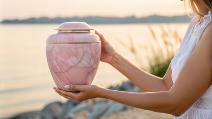 Pink marble urn held by woman near peaceful waterside