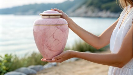Pink marble urn held by woman near peaceful waterside