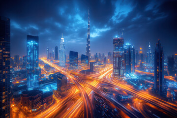 Fototapeta premium Tall buildings and light trails in the dark sky