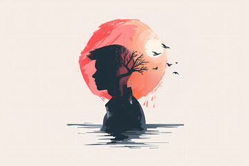 Silhouette of a young man with a tree design, against a vibrant sunset, conveying introspection and connection to nature.