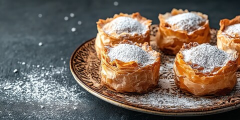Delicious Portuguese Egg Custard Tarts with Powdered Sugar on Rustic Plate - Indulgent Pastel de Nata Recipe with Flaky Pastry and Sweet Dessert Delight