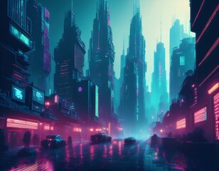 Obraz premium Cyberpunk Metropolis – A dark, foggy city with tall towers surrounded by glowing billboards and holographic displays