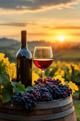 Fototapeta premium Sunset view with wine bottle and glasses