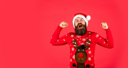 Are you ready. new year shopping idea concept. man in santa hat await christmas gift. hipster enjoy the holiday. morning before Xmas. bearded man in sweater. ready for party celebration. copy space