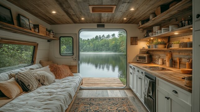 The beautiful interior of a modern camper van features a cozy sofa and kitchenette, all with wooden finishes. Outside, a peaceful lake reflects the early morning sun and lush greenery.