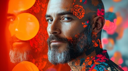 A man&rsquo;s face with artistic floral overlays and vibrant orange reflections.