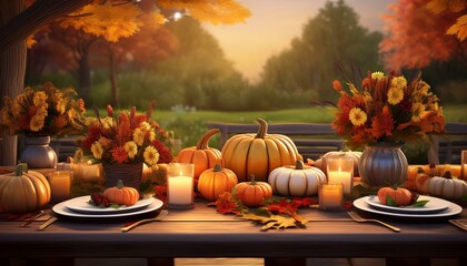 An outdoor Thanksgiving table decorated with pumpkins, candles and autumn flowers