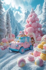 Fototapeta premium A whimsical candy car in a snowy, magical wonderland of pink and blue delights.