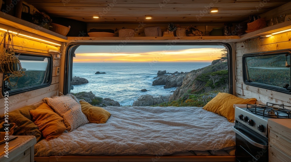 Poster a warm and inviting van space features a comfortable bedding area, surrounded by soft pillows. the l