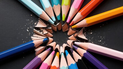Fototapeta premium Circular arrangement of colorful pencils pointing toward center
