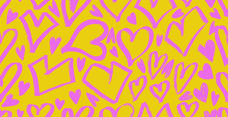 Seamless pattern hearts on bright yellow background. Seamless pattern for Valentine's day wrapping paper. Template for holidays, gift box, poster. Girly background with crayon drawn geometric hearts.