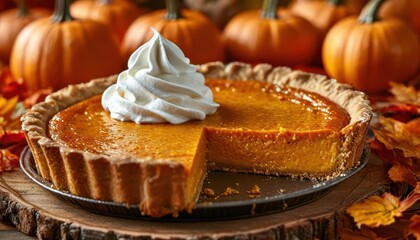 Pumpkin pie with a slice and a spoonful of whipped cream is a classic Thanksgiving dish with a backdrop of fall decor.