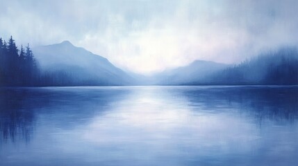 Fototapeta premium Tranquil lake with mist and gentle ripples in blue