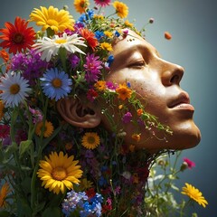 A surreal scene where a human brain transforms into blooming flowers, representing a creative thought process.Surreal Perspective Shift