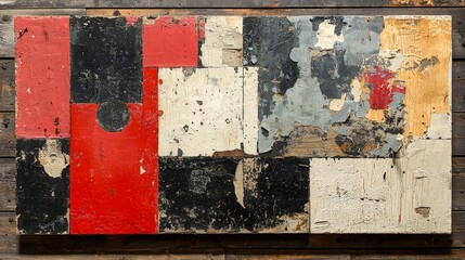 Abstract composition with textured layers and contrasting colors.