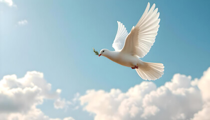 A white dove with an olive branch soaring through the sky, symbolizing peace, hope, and tranquility, radiating purity and harmony in a serene, breathtaking scene