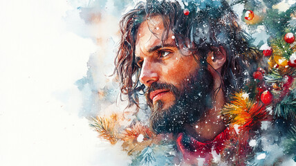 Jesus Christ. Catholic Christmas poster. Watercolor drawing of Christ.