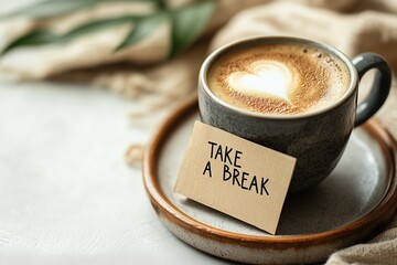 Coffee cup with latte art heart and take a break note. Digital detox and mindfulness concept with copy space