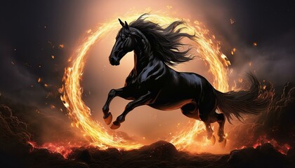 New Year 2026 greeting card. Year of a fire horse.  Black horse jumping out of fire on dark background. Postcard template. Creative concept for social media. Chinese asian horoscope.