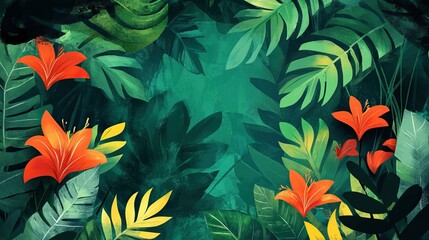 Fototapeta premium Lush tropical jungle with vibrant red flowers and green foliage perfect for travel agency advertising
