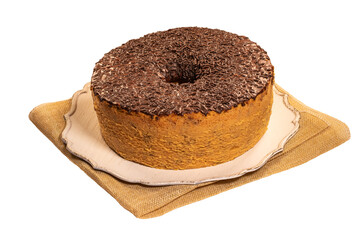 Brazilian Cake with Chocolate Sprinkles on Rustic Plate with Burlap Base In transparent Background