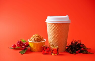 Carrot muffins with cup of tea or coffee for Christmas holidays
